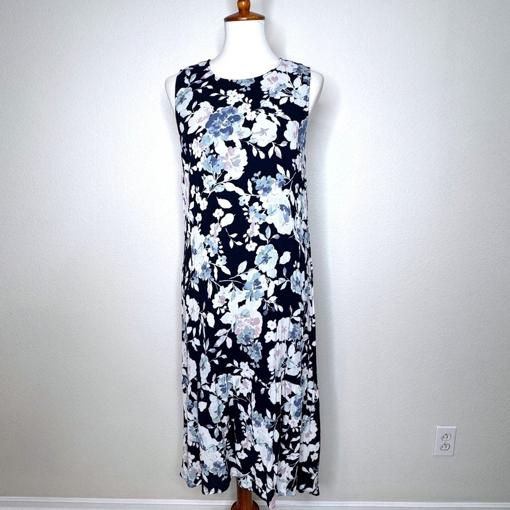 J. JILL Sleeveless Swing Midi Dress‎ L Petite Navy Floral Asymmetric Hem Summer